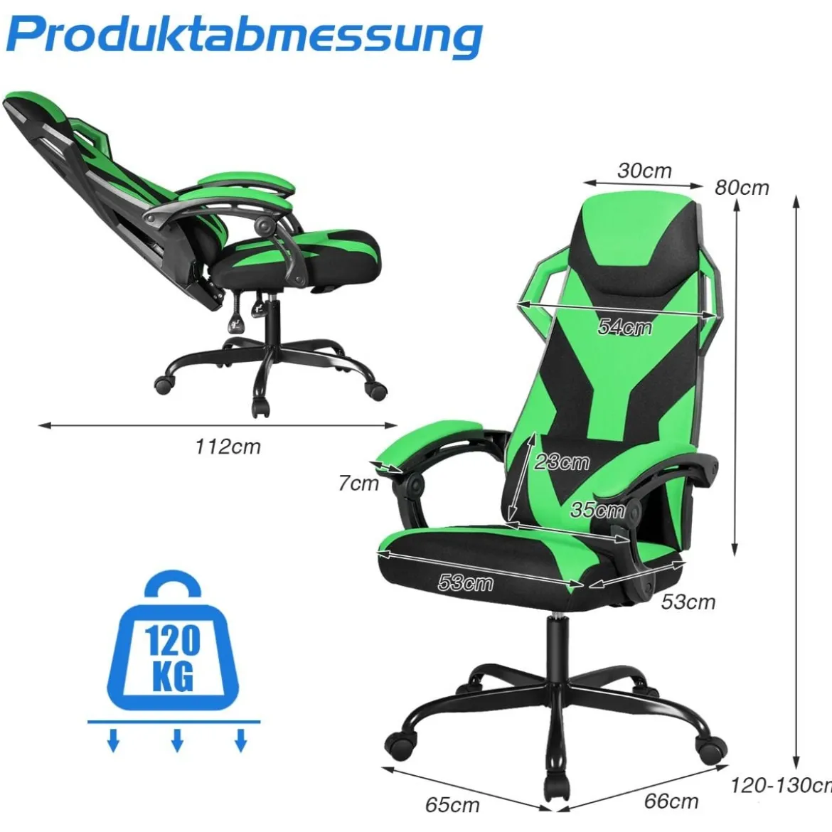 Gamingstuhl mit hoher Rücken einstellbarer Stuhl Drehstuhl 66 x 65 x 120-130 cm Schwarz + Grün