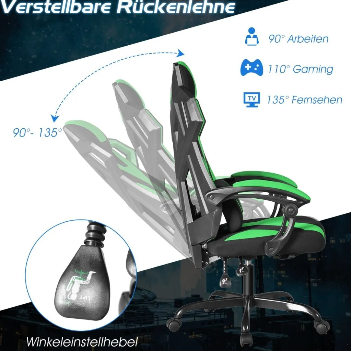 Gamingstuhl mit hoher Rücken einstellbarer Stuhl Drehstuhl 66 x 65 x 120-130 cm Schwarz + Grün