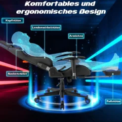Gaming Stuhl mit RGB-LED-Leuchten & Einziehbarer Fußstütze Ergonomischer Bürostuhl Blau