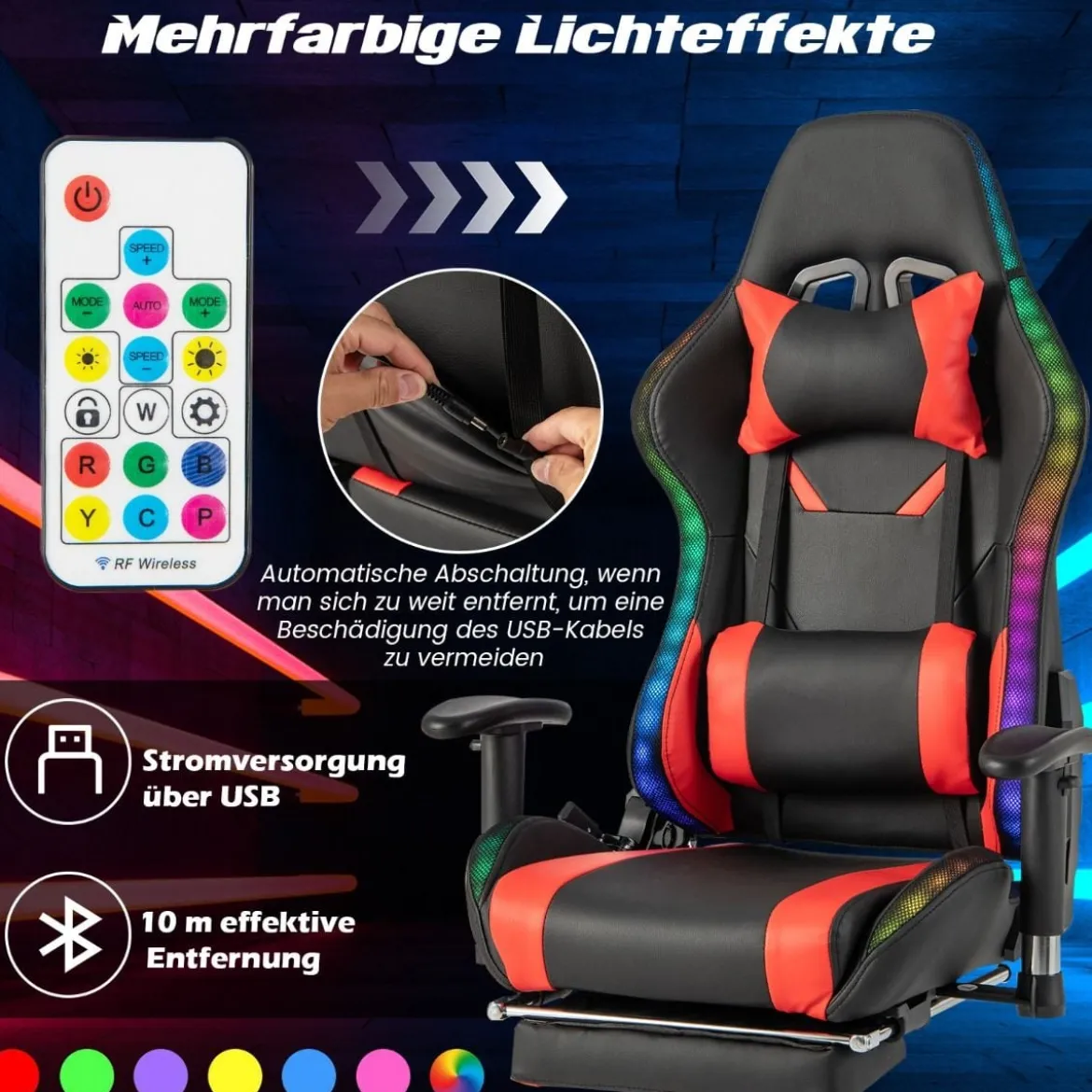 Gaming Stuhl mit RGB-LED-Leuchten & Einziehbarer Fußstütze Ergonomischer Bürostuhl Rot