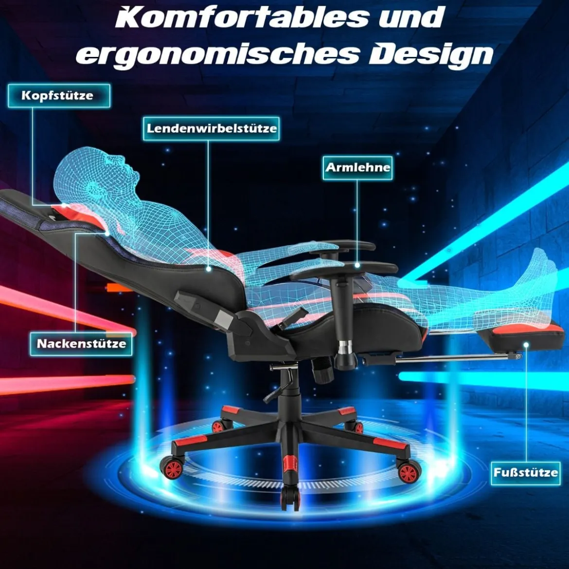 Gaming Stuhl mit RGB-LED-Leuchten & Einziehbarer Fußstütze Ergonomischer Bürostuhl Rot