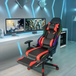 Gaming Stuhl mit RGB-LED-Leuchten & Einziehbarer Fußstütze Ergonomischer Bürostuhl Rot