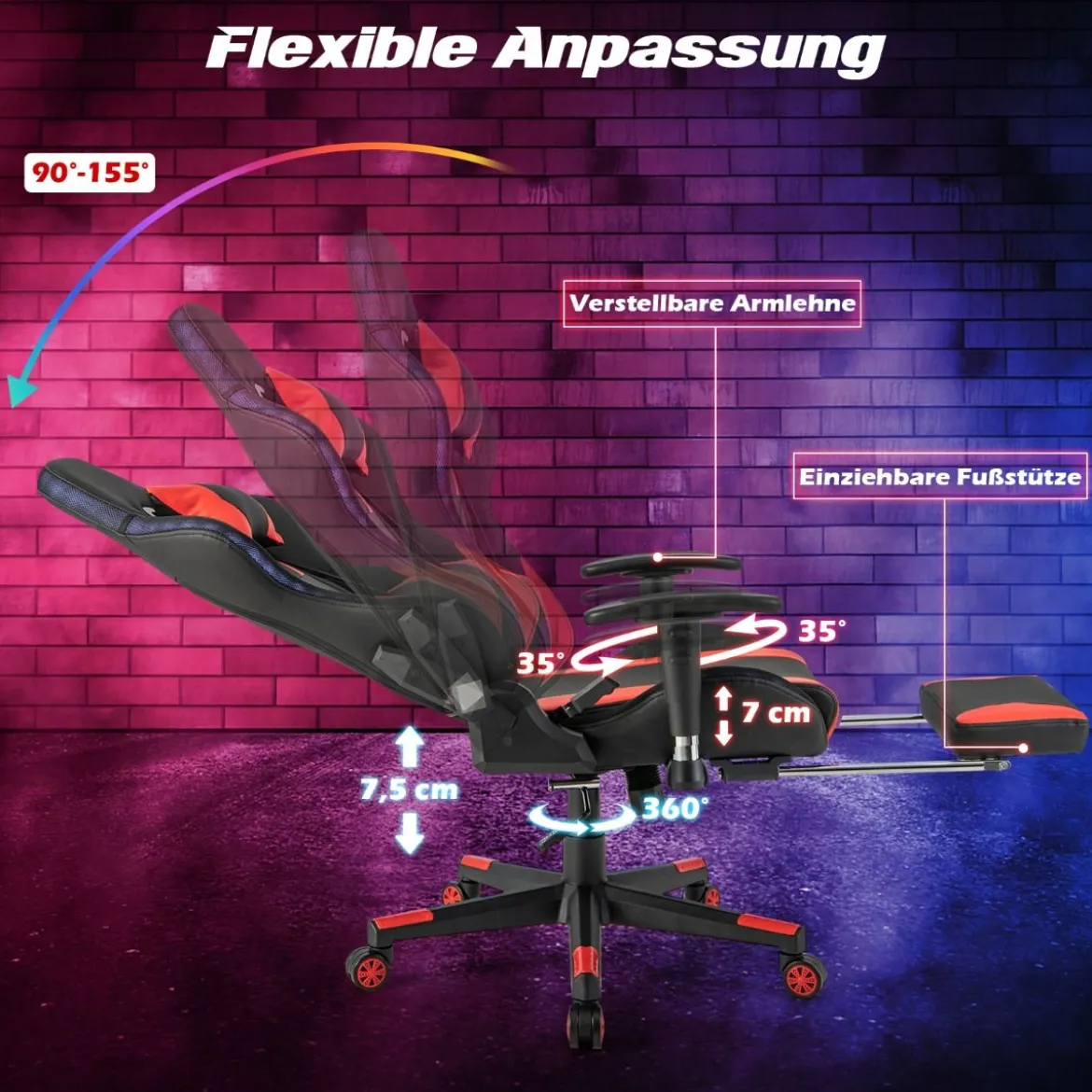 Gaming Stuhl mit RGB-LED-Leuchten & Einziehbarer Fußstütze Ergonomischer Bürostuhl Rot