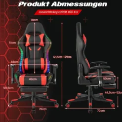Gaming Stuhl mit RGB-LED-Leuchten & Einziehbarer Fußstütze Ergonomischer Bürostuhl Rot