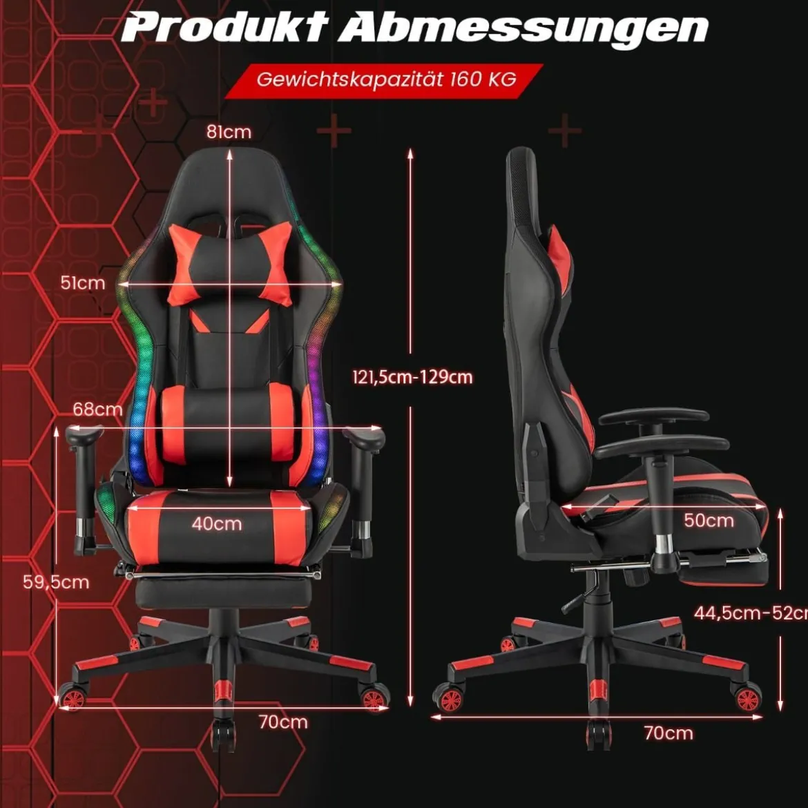 Gaming Stuhl mit RGB-LED-Leuchten & Einziehbarer Fußstütze Ergonomischer Bürostuhl Rot