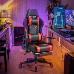 Gaming Stuhl mit RGB-LED-Leuchten & Einziehbarer Fußstütze Ergonomischer Bürostuhl Rot