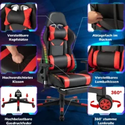 Gaming Stuhl mit RGB-LED-Leuchten & Einziehbarer Fußstütze Ergonomischer Bürostuhl Rot