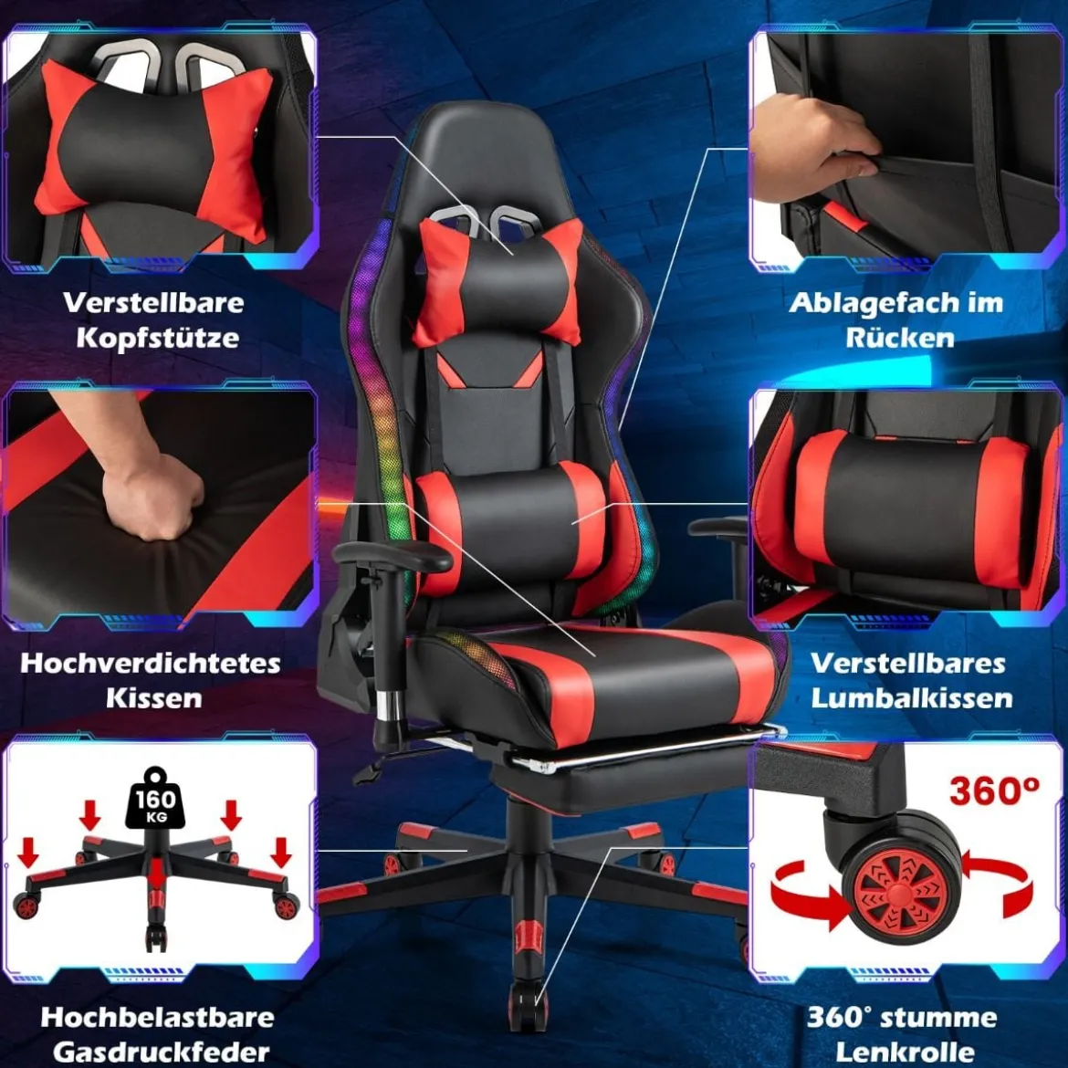 Gaming Stuhl mit RGB-LED-Leuchten & Einziehbarer Fußstütze Ergonomischer Bürostuhl Rot