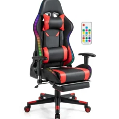 Gaming Stuhl mit RGB-LED-Leuchten & Einziehbarer Fußstütze Ergonomischer Bürostuhl Rot