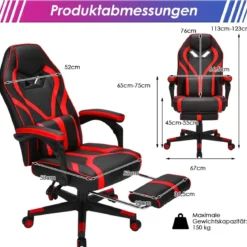 Gaming Stuhl PC-Stuhl Bürostuhl mit Einziehbarer Fußstütze Lendenkissen Rot
