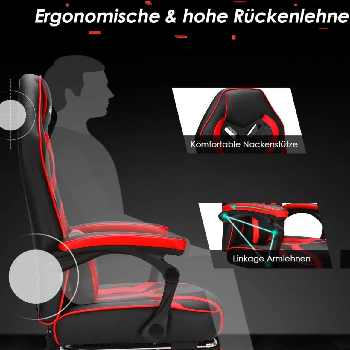 Gaming Stuhl PC-Stuhl Bürostuhl mit Einziehbarer Fußstütze Lendenkissen Rot