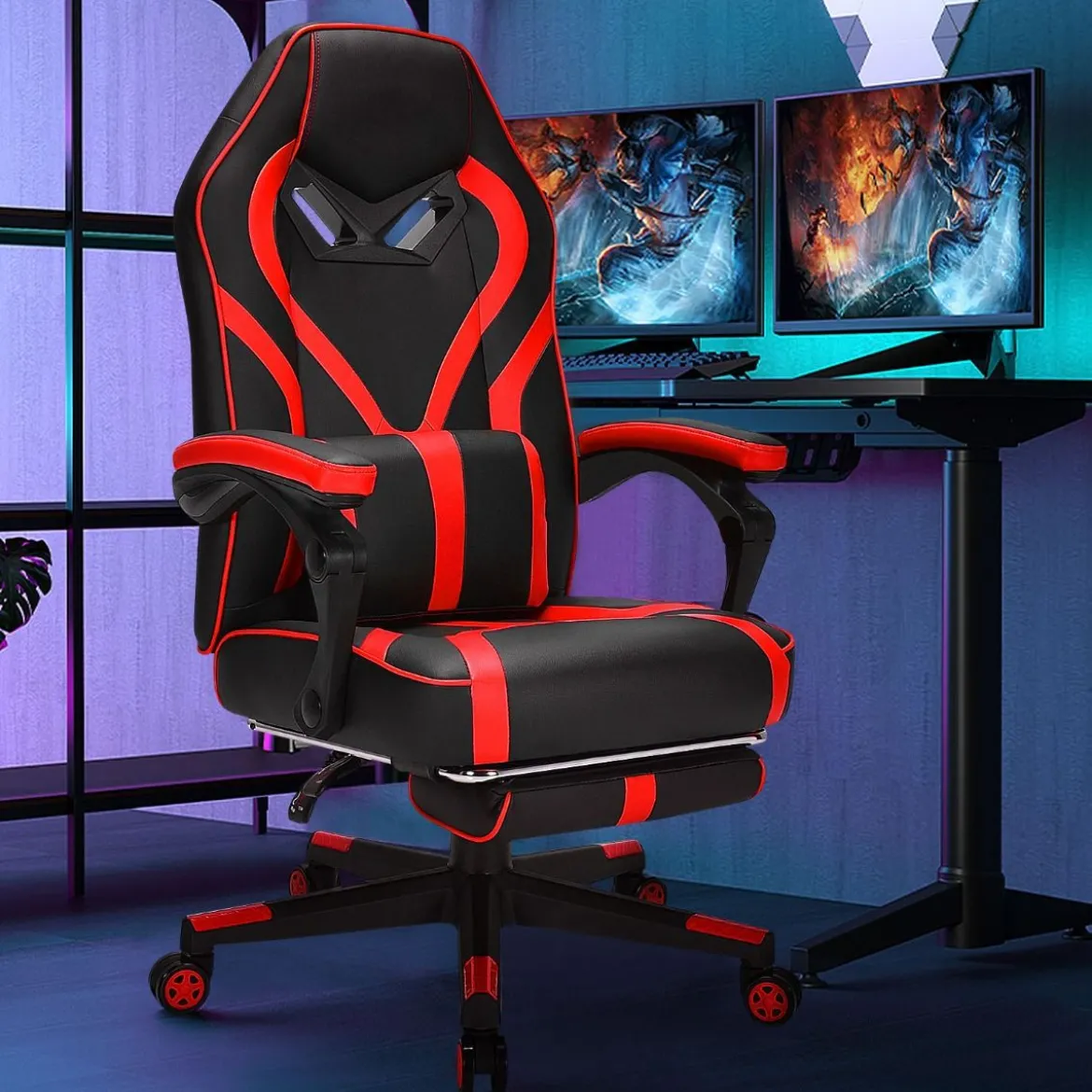 Gaming Stuhl PC-Stuhl Bürostuhl mit Einziehbarer Fußstütze Lendenkissen Rot