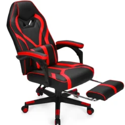 Gaming Stuhl PC-Stuhl Bürostuhl mit Einziehbarer Fußstütze Lendenkissen Rot