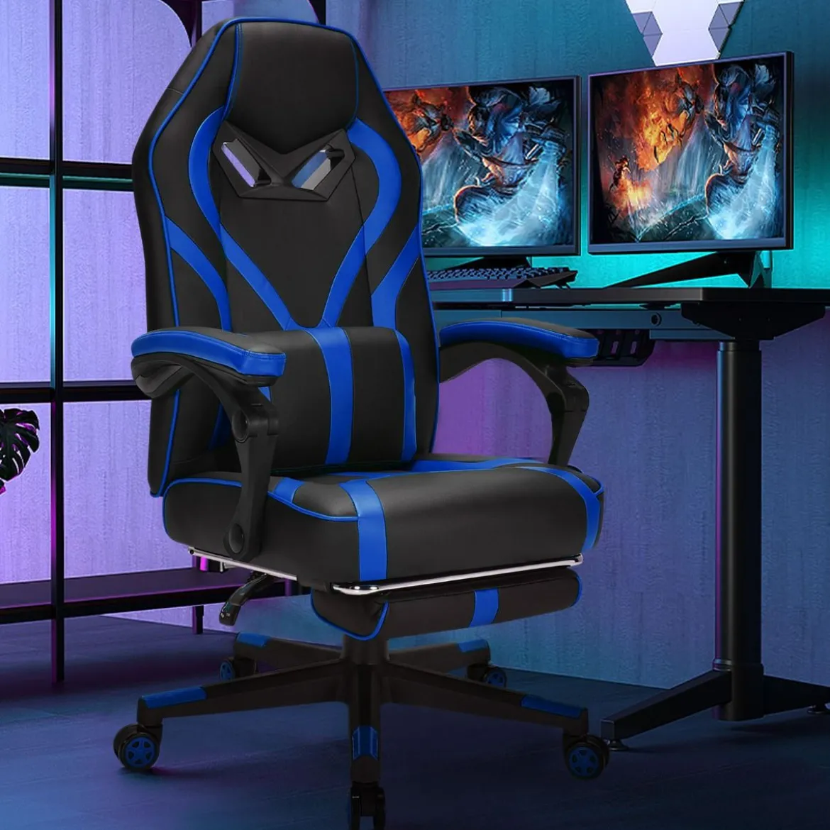 Gaming Stuhl PC-Stuhl Bürostuhl mit Einziehbarer Fußstütze Lendenkissen Blau