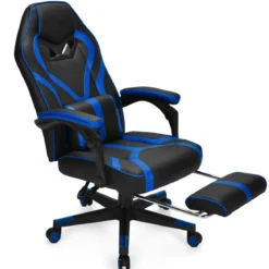 Gaming Stuhl PC-Stuhl Bürostuhl mit Einziehbarer Fußstütze Lendenkissen Blau