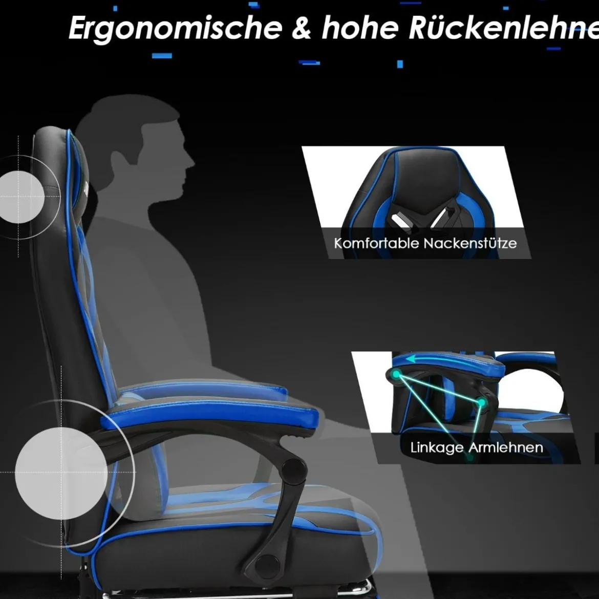 Gaming Stuhl PC-Stuhl Bürostuhl mit Einziehbarer Fußstütze Lendenkissen Blau
