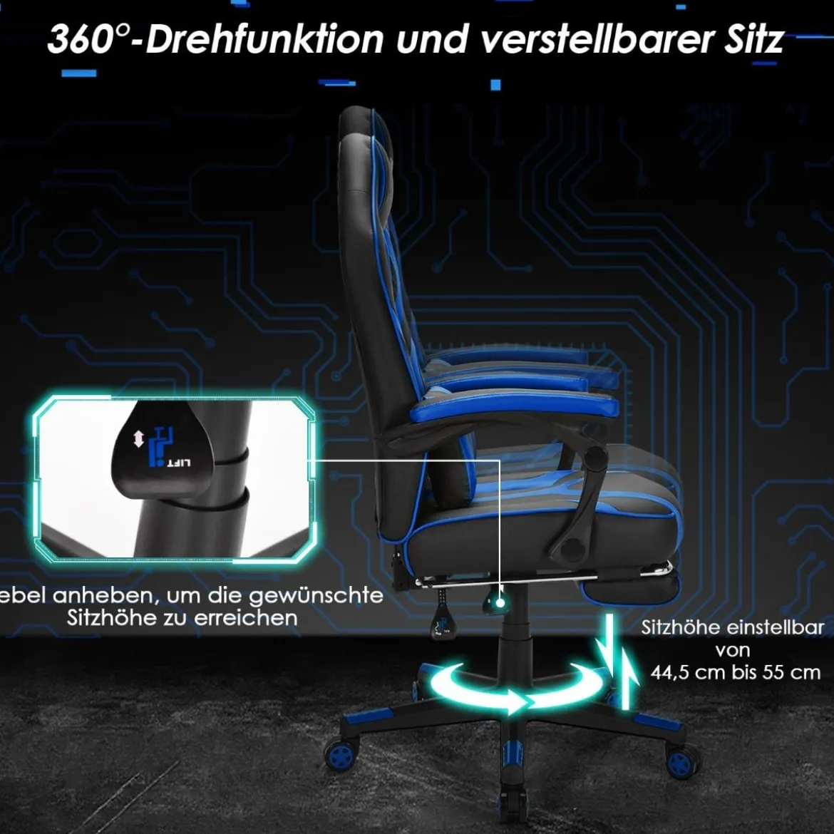 Gaming Stuhl PC-Stuhl Bürostuhl mit Einziehbarer Fußstütze Lendenkissen Blau