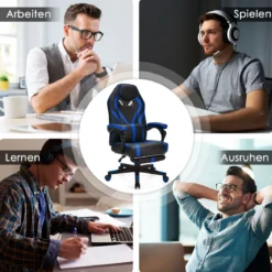 Gaming Stuhl PC-Stuhl Bürostuhl mit Einziehbarer Fußstütze Lendenkissen Blau