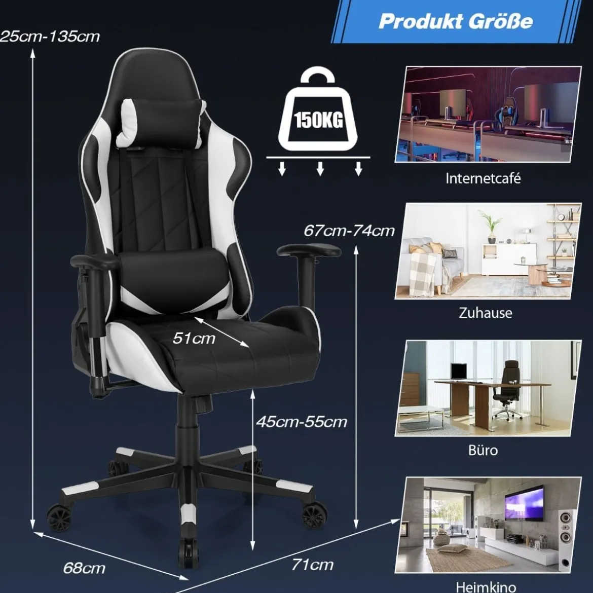 Gaming Stuhl Racing Style Drehstuhl mit Kopfstütze & Lendenkisse 90°-160° Verstellbarer Neigungswinkel Weiß/Rot/Blau