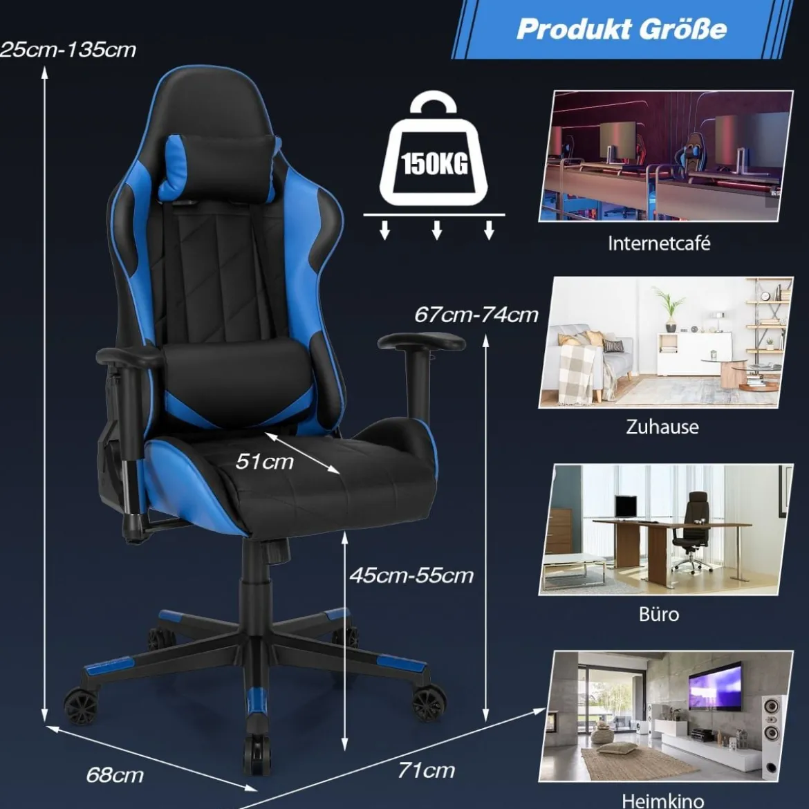 Gaming Stuhl Racing Style Drehstuhl mit Kopfstütze & Lendenkisse 90°-160° Verstellbarer Neigungswinkel Weiß/Rot/Blau