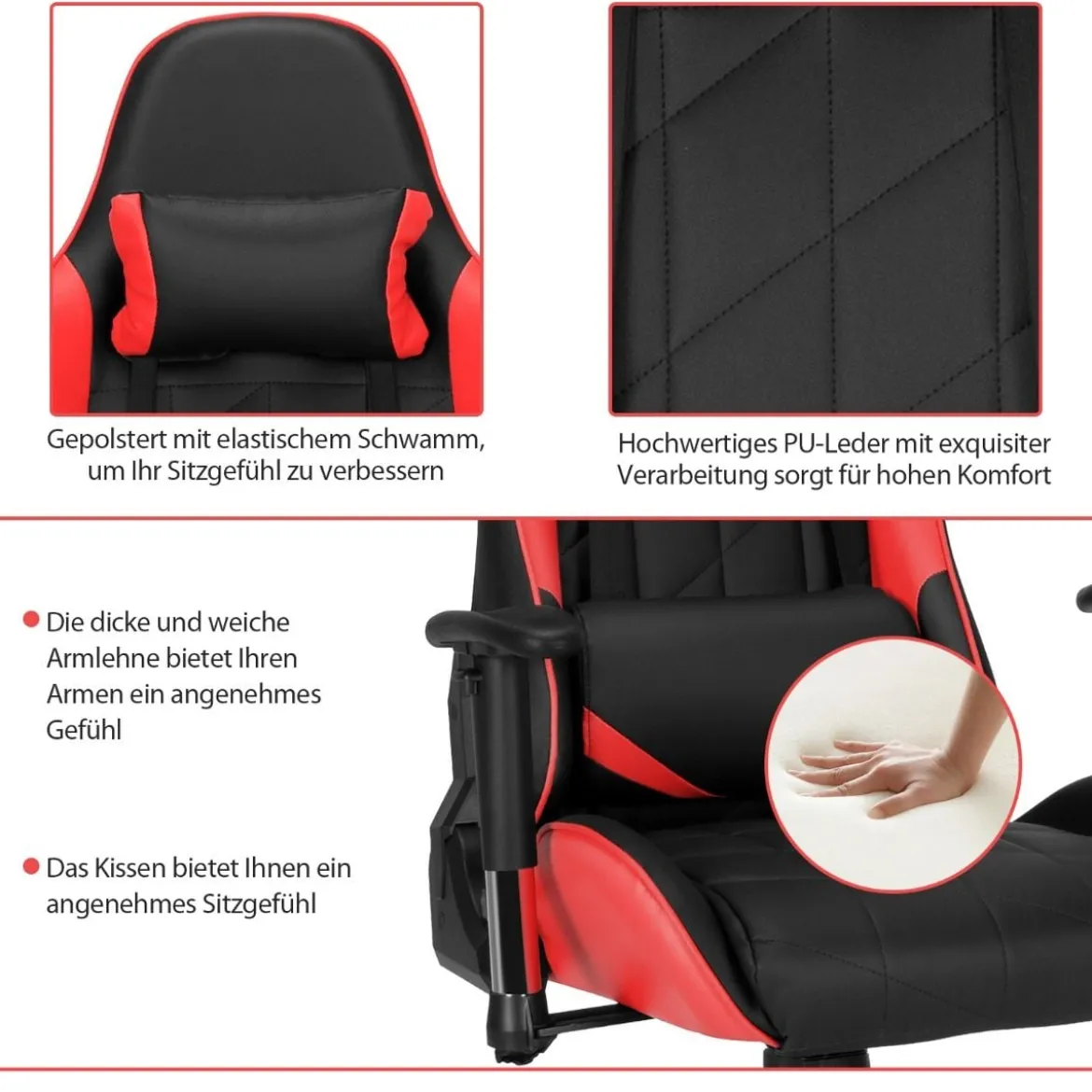 Gaming Stuhl Racing Style Drehstuhl mit Kopfstütze & Lendenkisse 90°-160° Verstellbarer Neigungswinkel Weiß/Rot/Blau