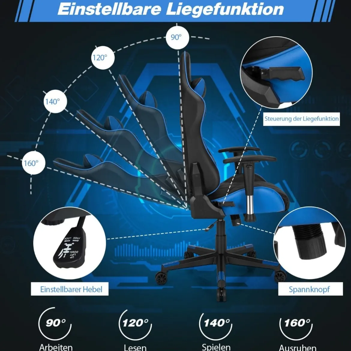Gaming Stuhl Racing Style Drehstuhl mit Kopfstütze & Lendenkisse 90°-160° Verstellbarer Neigungswinkel Weiß/Rot/Blau