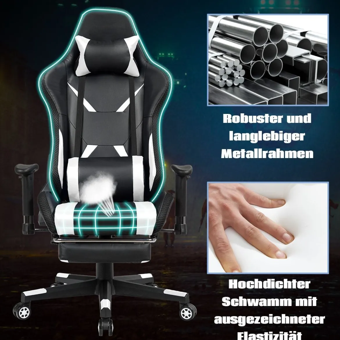 Gamingstuhl Verstellbarer Gaming Stuhl Bürostuhl Racing Chair Drehstuhl 70 x 74 x 126-136 cm Weiß