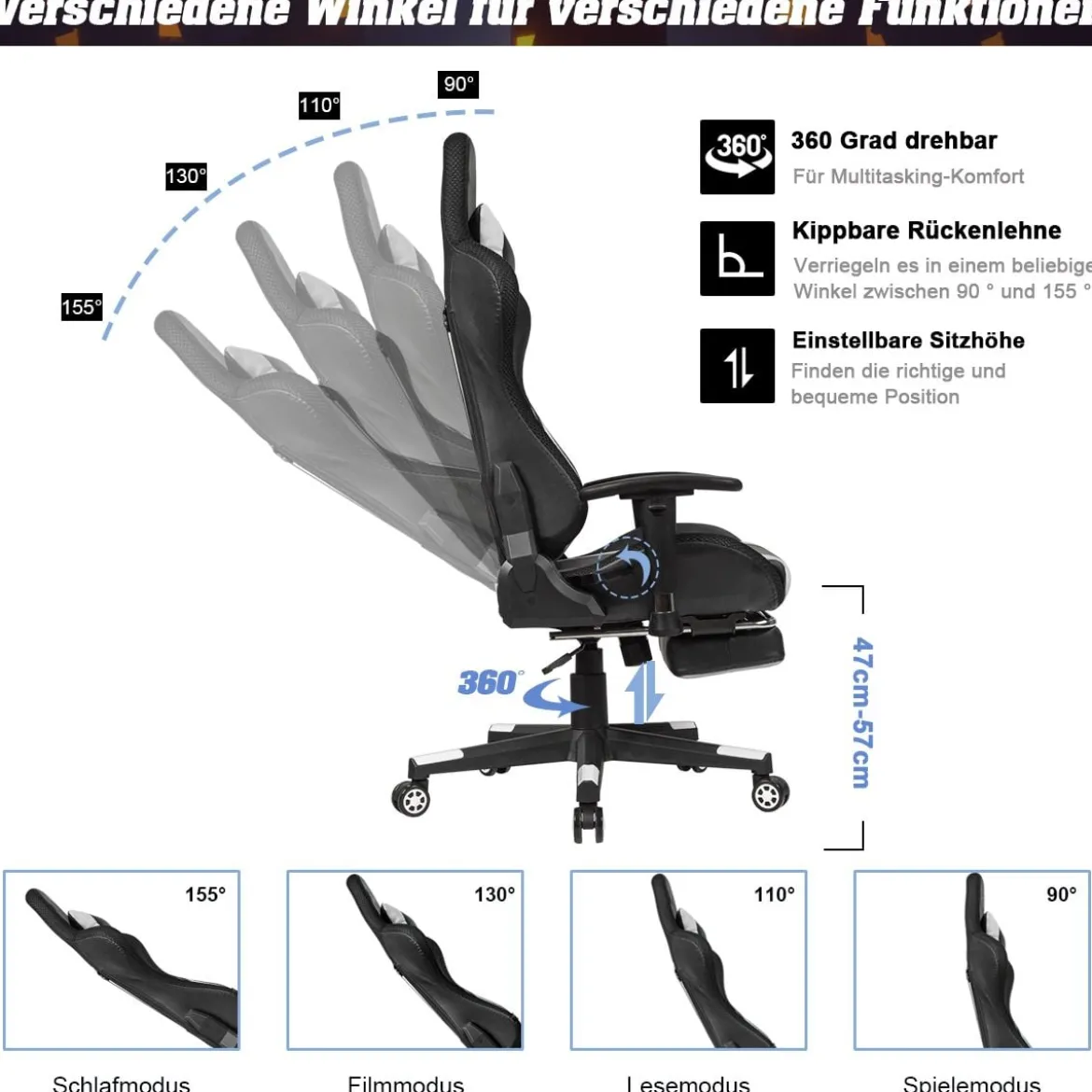 Gamingstuhl Verstellbarer Gaming Stuhl Bürostuhl Racing Chair Drehstuhl 70 x 74 x 126-136 cm Weiß