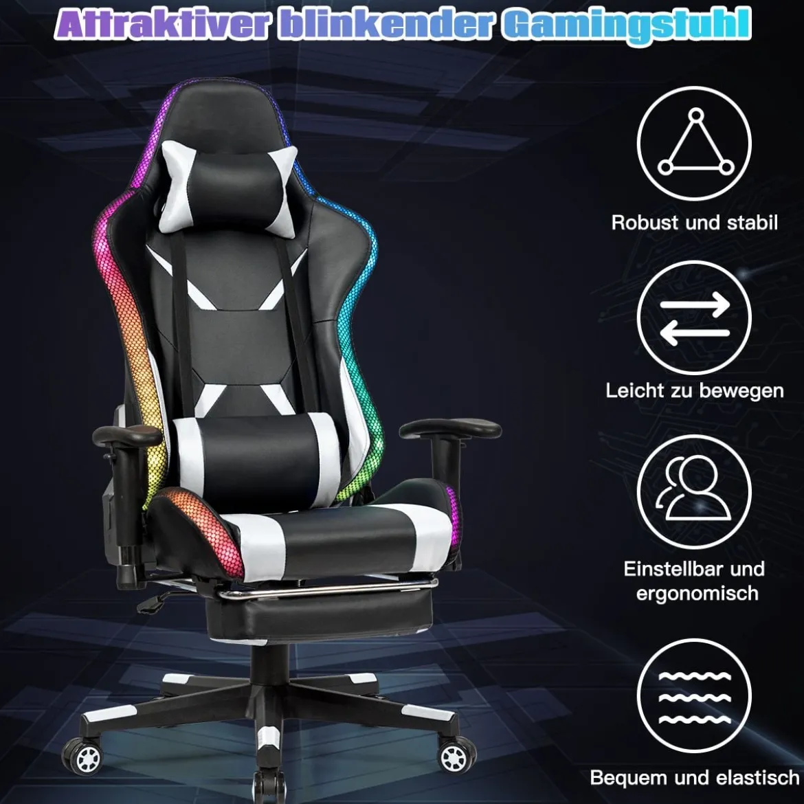 Gamingstuhl Verstellbarer Gaming Stuhl Bürostuhl Racing Chair Drehstuhl 70 x 74 x 126-136 cm Weiß