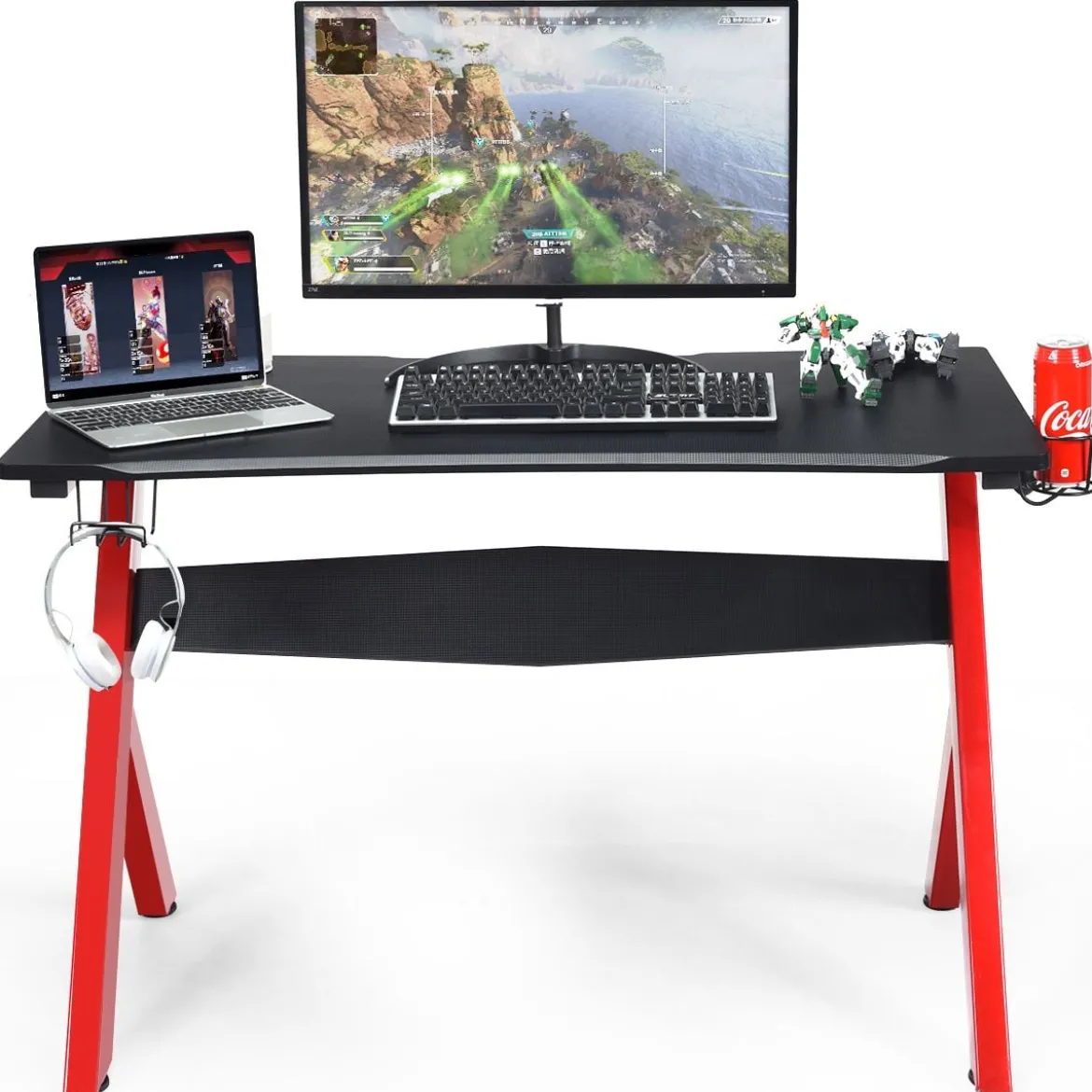 Gamingtisch Computertisch Gaming Schreibtisch mit Tassen- und Kopfhörerhalter und Mauspad für Zuhause Büro Spielzimmer