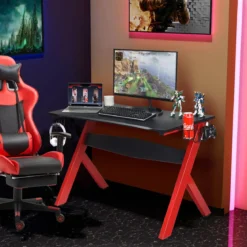 Gamingtisch Computertisch Gaming Schreibtisch mit Tassen- und Kopfhörerhalter und Mauspad für Zuhause Büro Spielzimmer