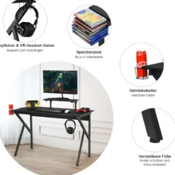 Gaming Tisch Ergonomischer PC Computertisch Schreibtisch Schwarz