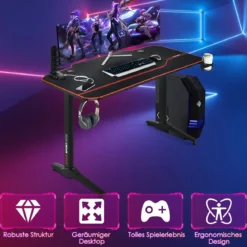 Gaming Tisch 3-fach höhenverstellbarer Computertisch Schreibtisch Schwarz