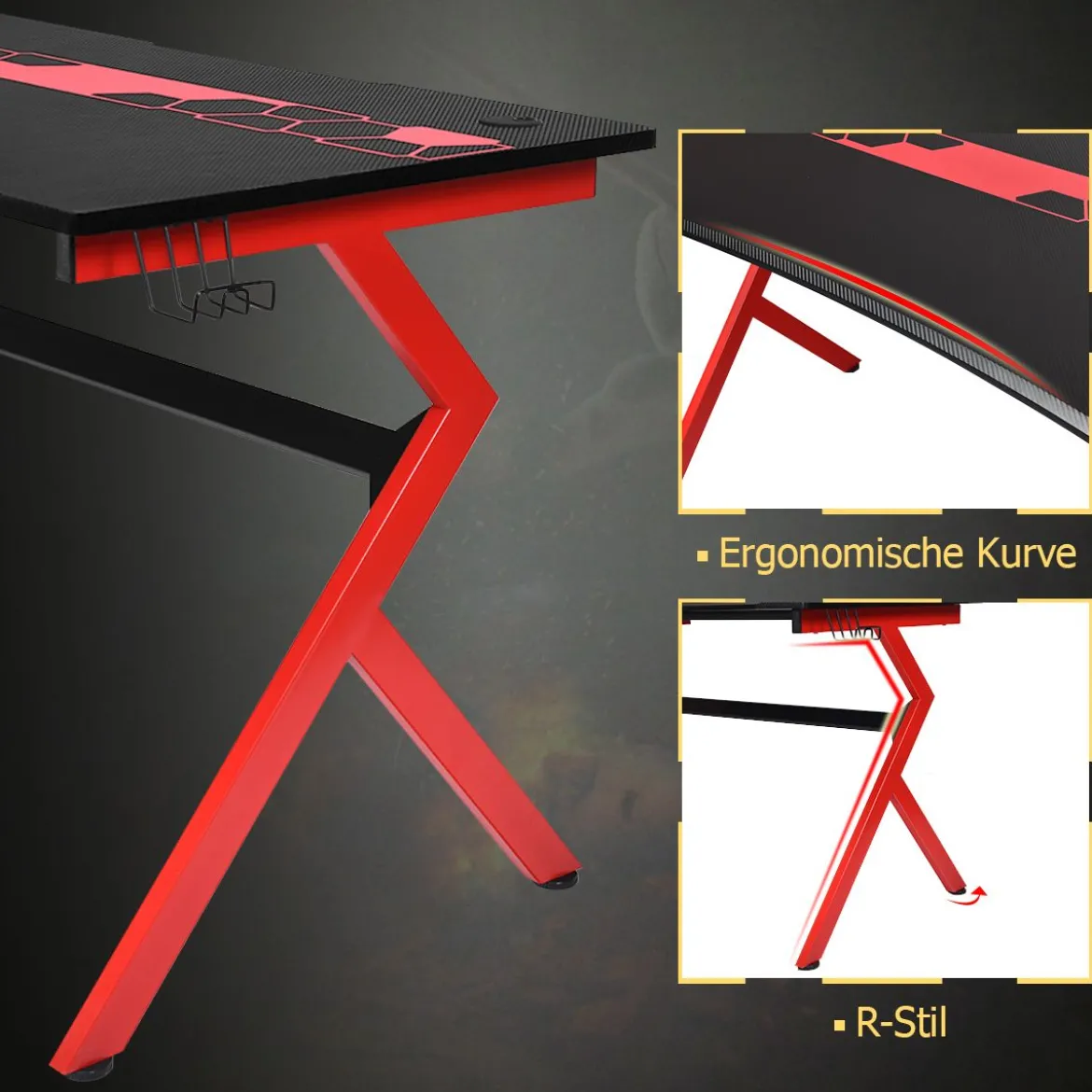 Gaming Tisch mit höhenverstellbare Fußpolster Schreibtisch mit Becherhalter Kopfhörerhaken