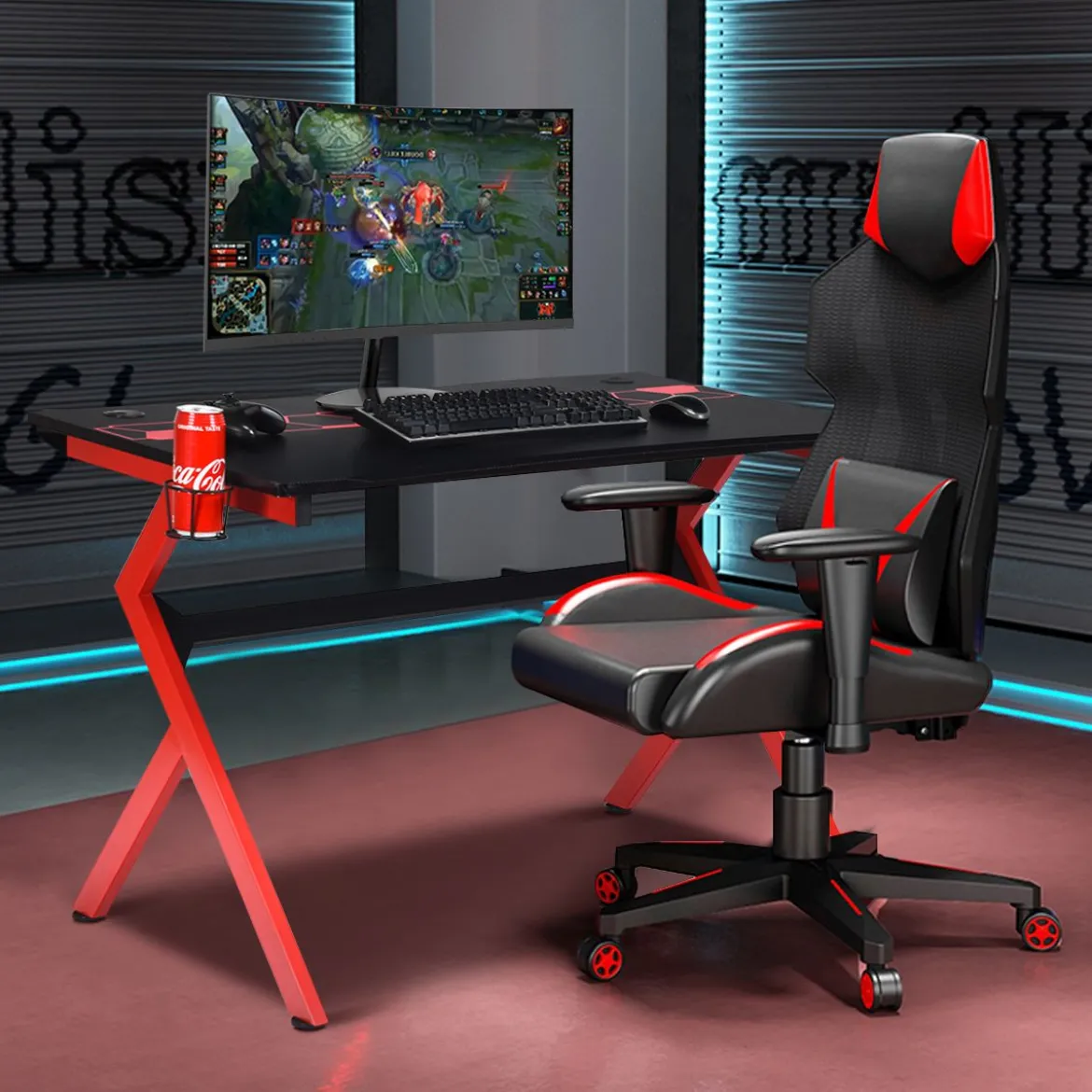 Gaming Tisch mit höhenverstellbare Fußpolster Schreibtisch mit Becherhalter Kopfhörerhaken