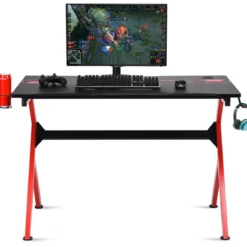 Gaming Tisch mit höhenverstellbare Fußpolster Schreibtisch mit Becherhalter Kopfhörerhaken