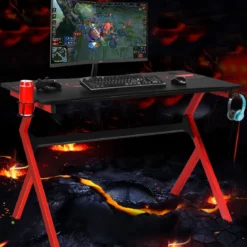 Gaming Tisch mit höhenverstellbare Fußpolster Schreibtisch mit Becherhalter Kopfhörerhaken