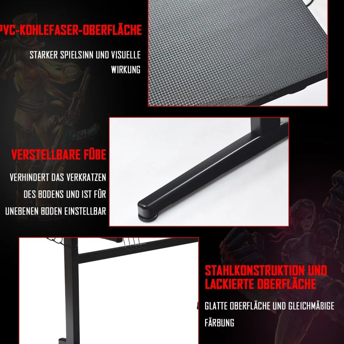 Gamingtisch mit Tassen- und Kopfhörerhalter Mauspad E-Sports Tisch Schwarz