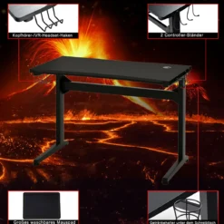 Gamingtisch mit Tassen- und Kopfhörerhalter Mauspad E-Sports Tisch Schwarz