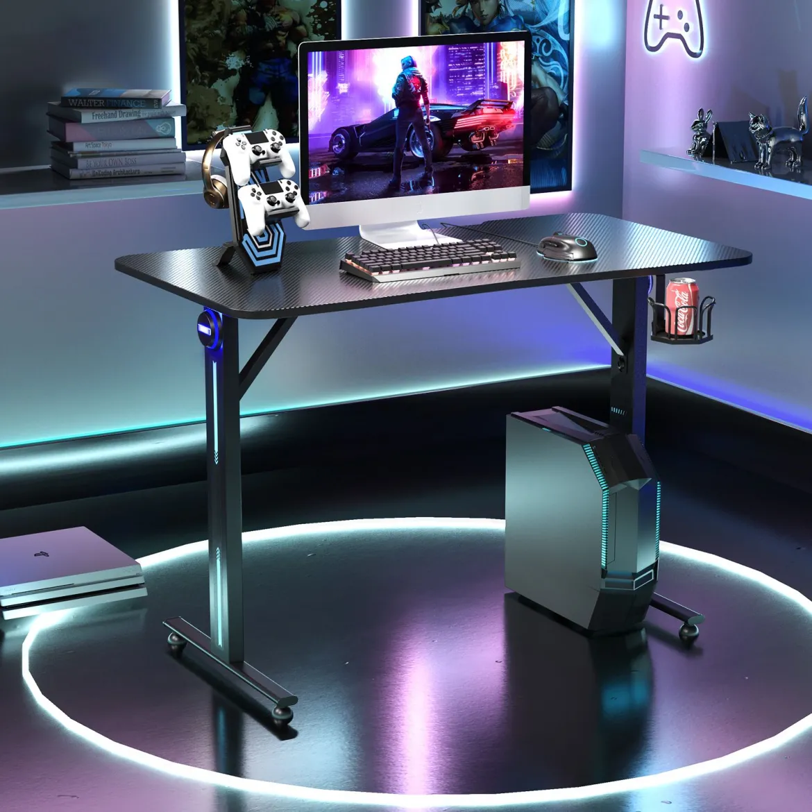 Gaming Tisch T-förmiger Computertisch LED mit Controller-Ständer und Getränkehalter Schwarz