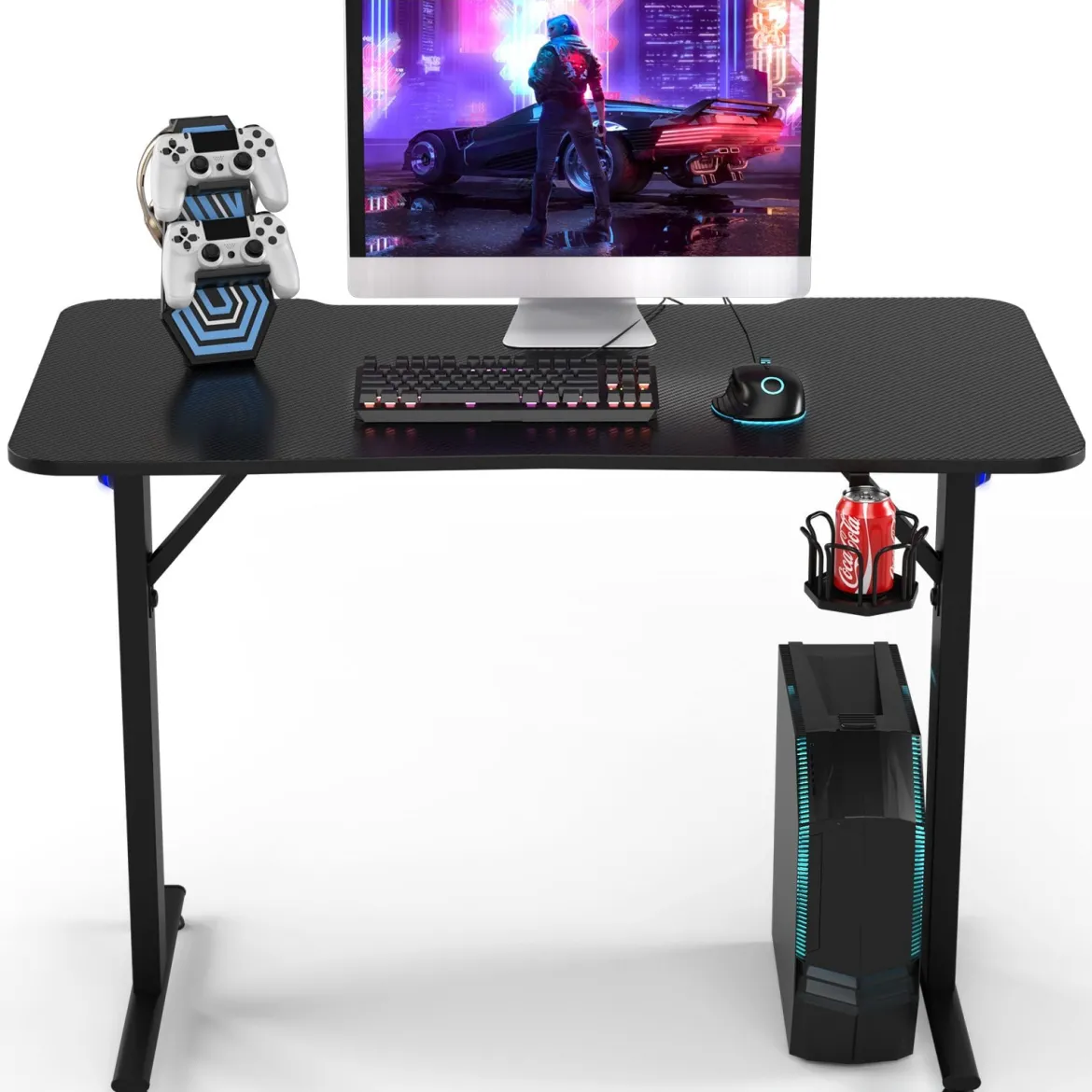 Gaming Tisch T-förmiger Computertisch LED mit Controller-Ständer und Getränkehalter Schwarz