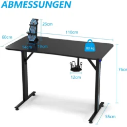 Gaming Tisch T-förmiger Computertisch LED mit Controller-Ständer und Getränkehalter Schwarz