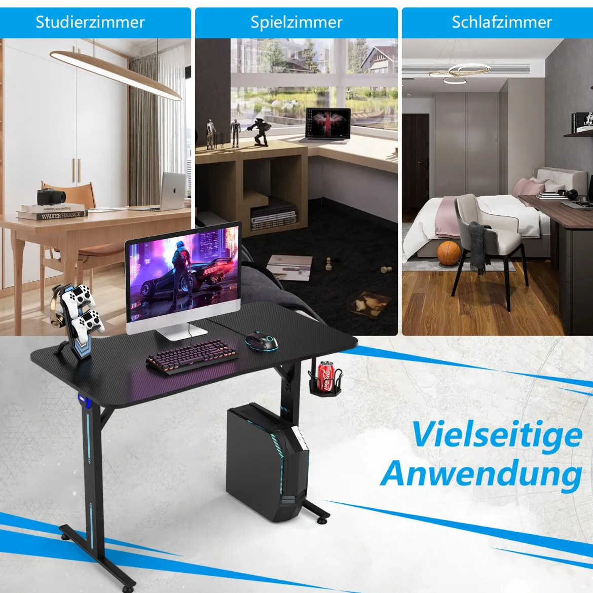 Gaming Tisch T-förmiger Computertisch LED mit Controller-Ständer und Getränkehalter Schwarz