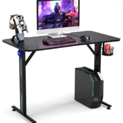 Gaming Tisch T-förmiger Computertisch LED mit Controller-Ständer und Getränkehalter Schwarz