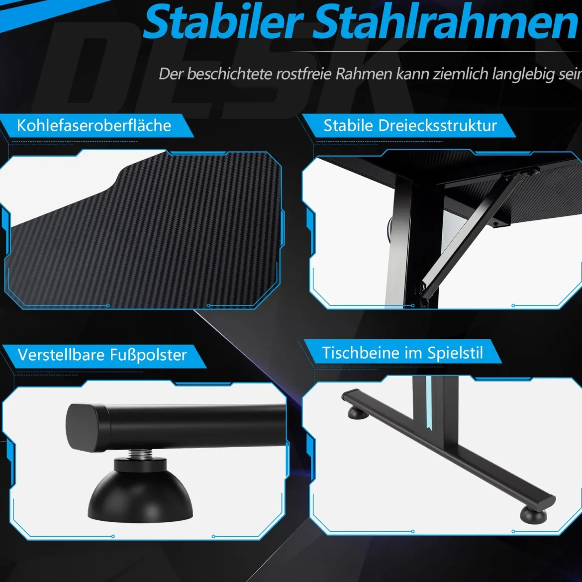 Gaming Tisch T-förmiger Computertisch LED mit Controller-Ständer und Getränkehalter Schwarz