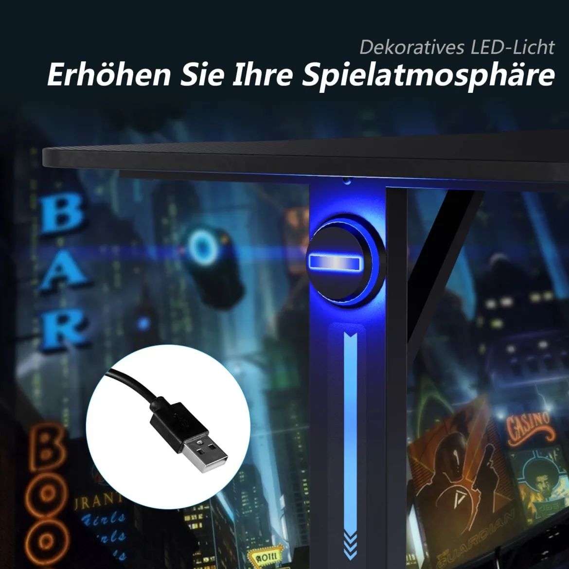 Gaming Tisch T-förmiger Computertisch LED mit Controller-Ständer und Getränkehalter Schwarz