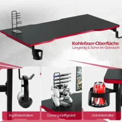 Gaming Tisch Z-förmig mit Getränkehalter Kopfhörerhaken Gamepad-Halterung Ergonomischer Schreibtisch