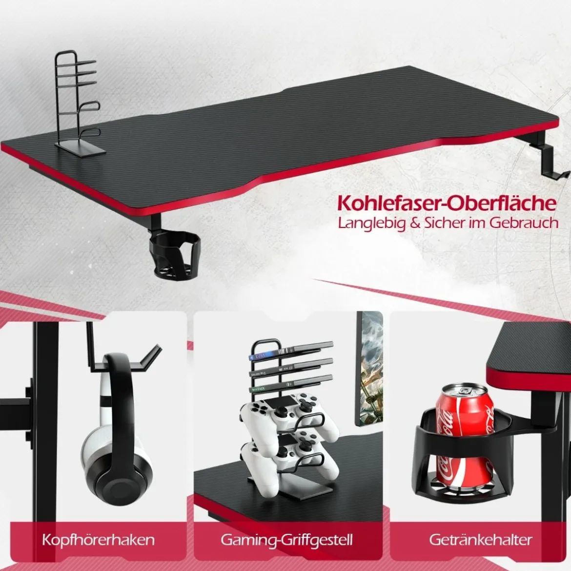 Gaming Tisch Z-förmig mit Getränkehalter Kopfhörerhaken Gamepad-Halterung Ergonomischer Schreibtisch