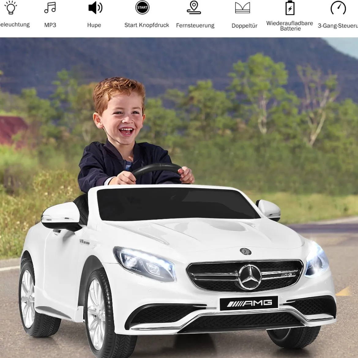 3 Gang Elektroauto 12V Kinderauto mit 2,4G-Fernbedienung mit Musik 120 x 70 x 52 cm Weiß