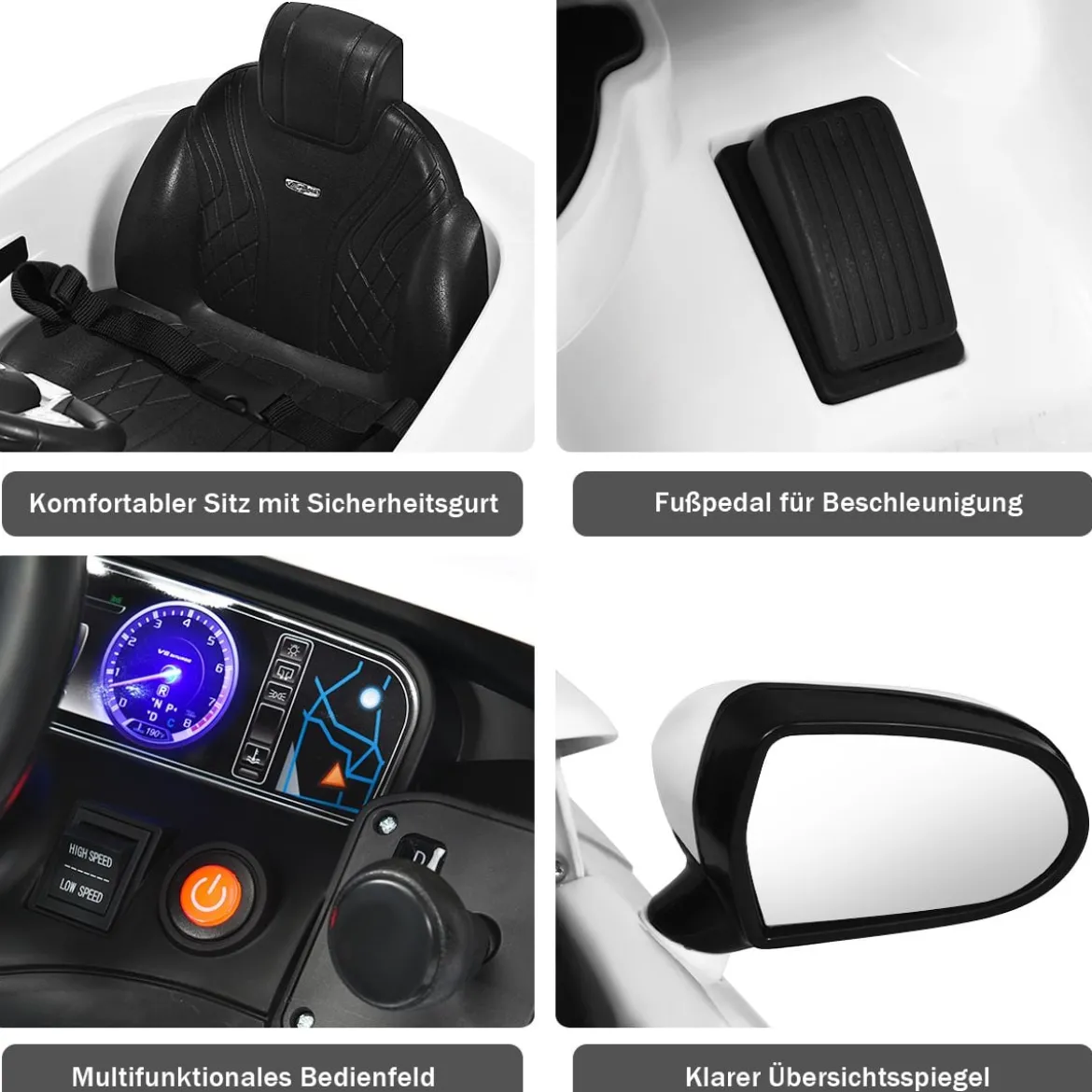 3 Gang Elektroauto 12V Kinderauto mit 2,4G-Fernbedienung mit Musik 120 x 70 x 52 cm Weiß
